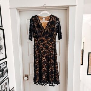 CAbi Party Dress, Nude underlay with black lace overlay, Size M